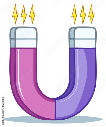 Cartoon illustration of a pink and purple horseshoe magnet with powerful lightning bolts
