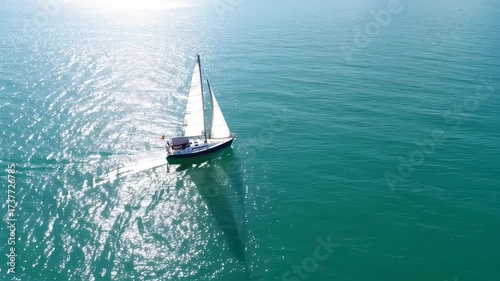Aerial view of a sailboat on a tranquil teal sea