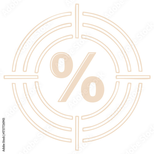 Percentage symbol inside target sight, pale beige outline illustration suggesting discounts or goals