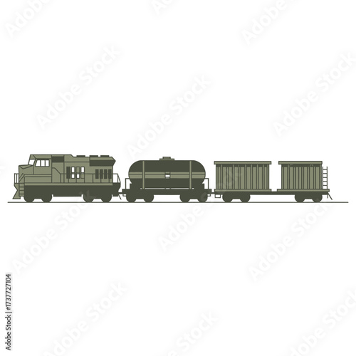Olive Drab Military Train with Engine and Various Cars.