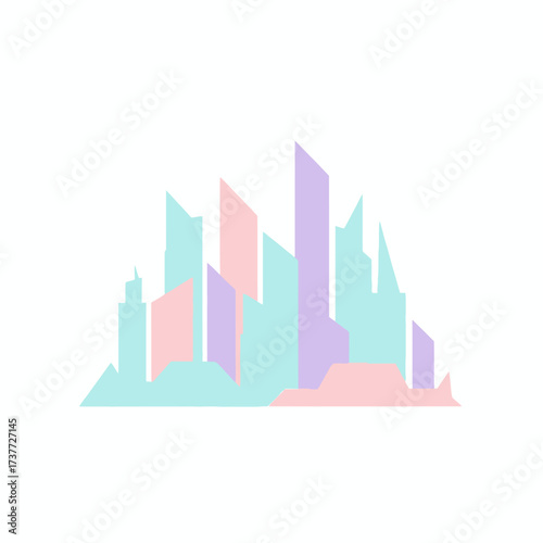 Pastel Cityscape Silhouette with Geometric Buildings.