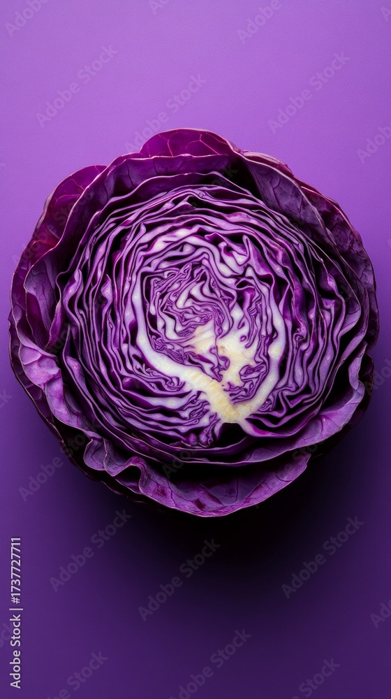 Obraz premium Sliced purple cabbage on a plain background, ideal for articles on healthy eating and cooking blogs.