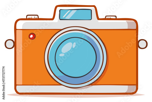 Cartoon orange vintage camera with blue lens and view finder