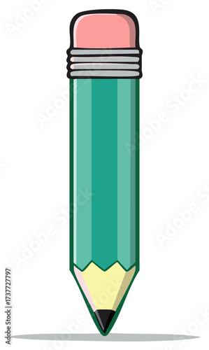Isolated cartoon illustration of a short green wooden pencil with a pink eraser