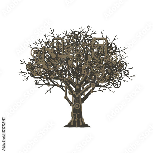 Steampunk Tree with Gears and Cogs, Mechanical Tree of Life.