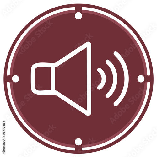 Loudspeaker line icon with sound waves in a maroon circle, a modern audio volume button