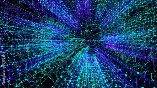 Abstract network of glowing lines and points in vibrant turquoise, purple, and blue hues on a black background