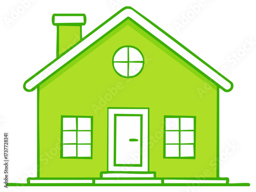 Cartoon Green House Illustration with Chimney, Door, Windows, and Round Window for Design