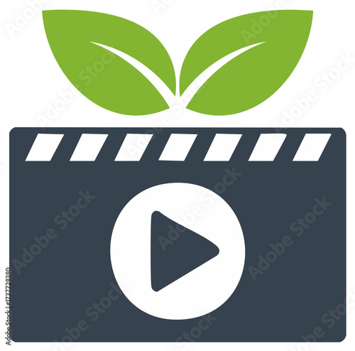 Eco Movie Making Concept Icon Film slate with foliage for sustainable videos.