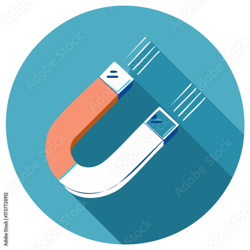 Vibrant horseshoe magnet flat design icon with long shadow depicting magnetic force and science concept