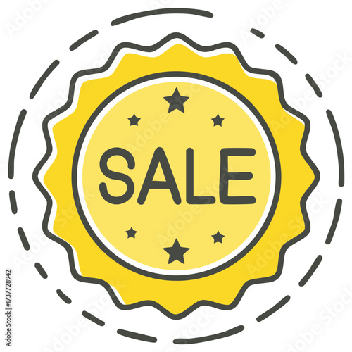 Yellow sale badge icon in a starburst shape with stars. Special offer and discount sticker for promotion and marketing.