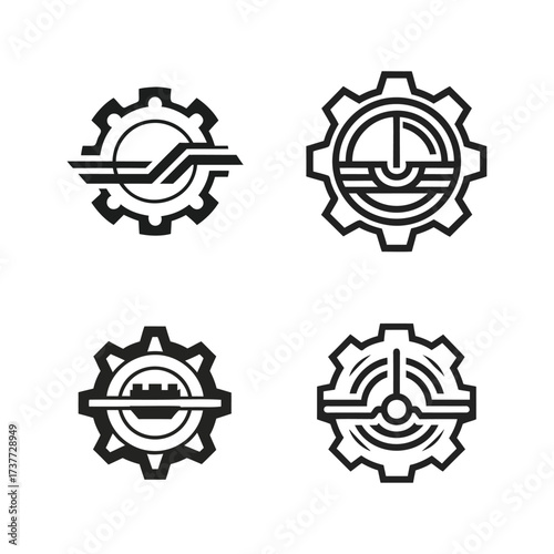 Four stylized gear icons with internal mechanical designs