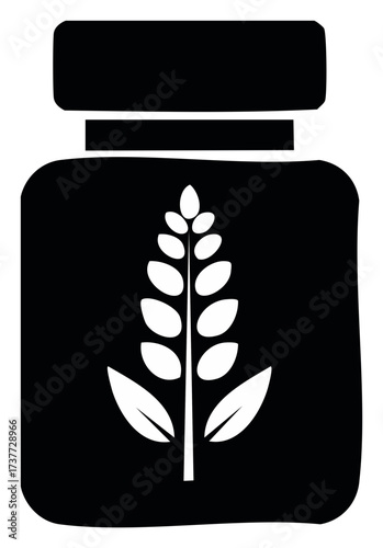 Black and white icon of a nutritional supplement jar with wheat grain symbol
