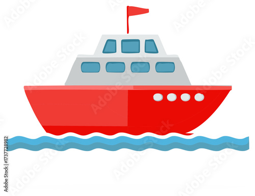 Stylized Red Ship on Blue Waves with Minimalist Aesthetic and Flag Icon