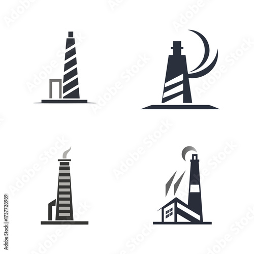 Four stylized lighthouse icons and silhouettes