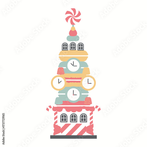 Whimsical Candy House Tower with Clocks and Lollipop Topper.