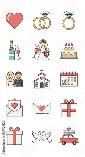 Wedding Icons Set - Heart, Rings, Champagne, Couple, Cake, Church, Calendar, Gifts, Doves, Car.