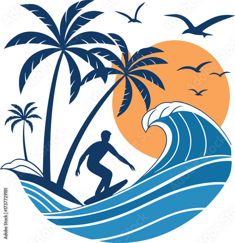 Surfer riding wave palm trees tropical sunset seagulls beach scene vector