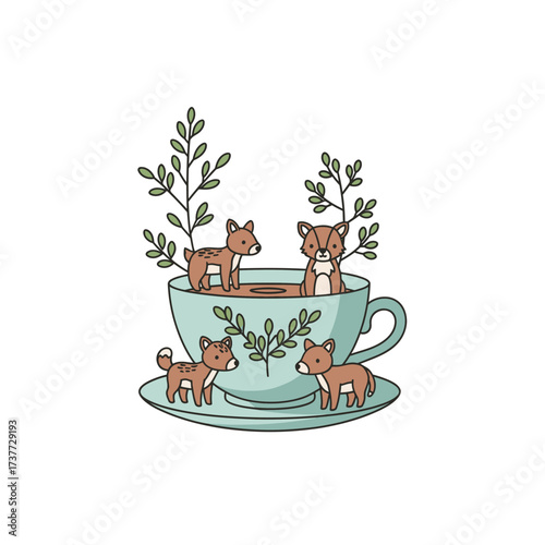 Whimsical Deer Tea Party - Adorable Fawns in a Teacup Illustration.
