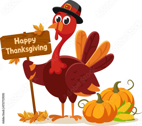 Turkey bird stands next to a pumpkin with corn and holds a wooden sign on a white background. Happy Thanksgiving