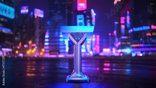 Illuminated podium in a futuristic city at night with neon lights glow