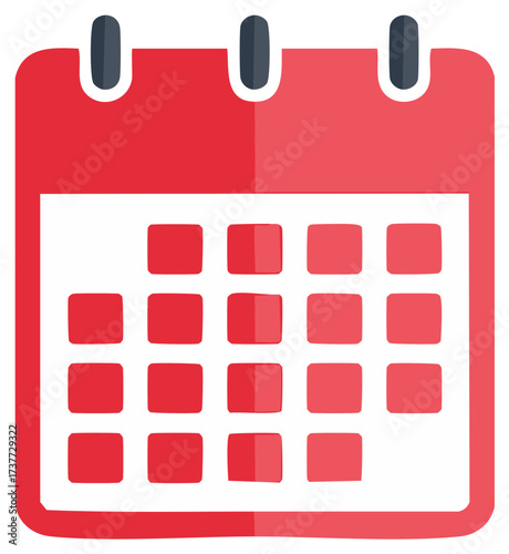 Red calendar with blue detailing, flat design, planning, schedule, reminder, business icon.