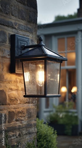 A High Resolution image of outdoor wall light illuminating a stone wall of a house on a rainy day.