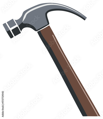 Illustration of a claw hammer tool with gray metal head and wood handle for construction and home repair