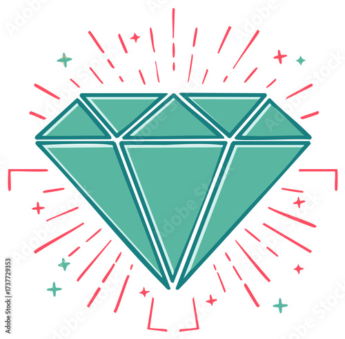 Hand drawn green diamond shining with red and green starbursts and sparkles