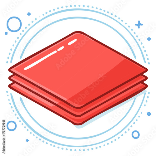 Cartoon Stack of Red Square Objects with Rounded Edges and Decorative Blue Circle