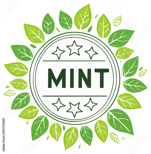 Vector graphic featuring word 'MINT' inside a circular frame surrounded by green leaf illustrations.