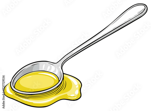 A shiny metal spoon overflowing with bright yellow liquid or honey
