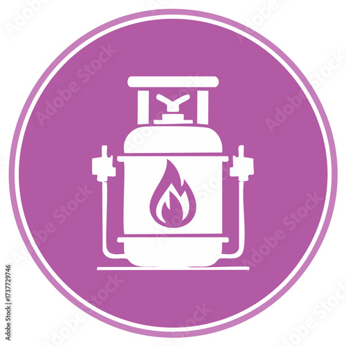White gas cylinder icon with flame inside circle on purple background