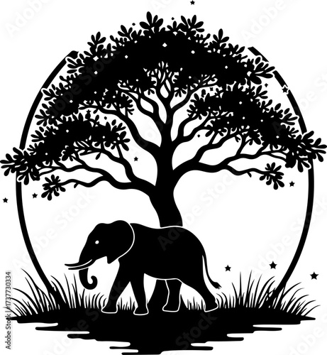 African Night Safari: Elephant under the Acacia