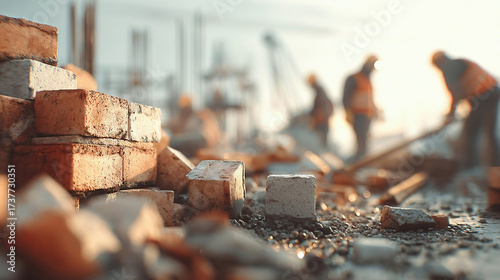 Blurred background of close-up image showcases various construction materials, including bricks and concrete, with workers engaged in planning