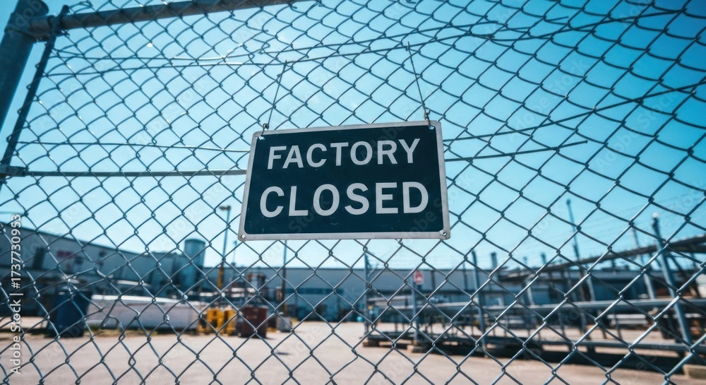 © Dece Std - Factory Closed' sign hanging on a wire fence, blurry building behind © Dece Std - Factory Closed' sign hanging on a wire fence, blurry building behind