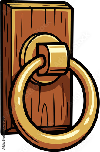 Simple cartoon illustration of a golden ring door knocker mounted on a vertical wooden plank. Isolated vector graphic of classic old-fashioned door hardware