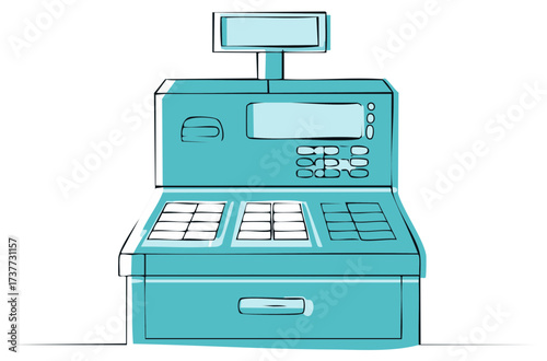 Hand-drawn teal cash register illustration for retail store checkout and sales