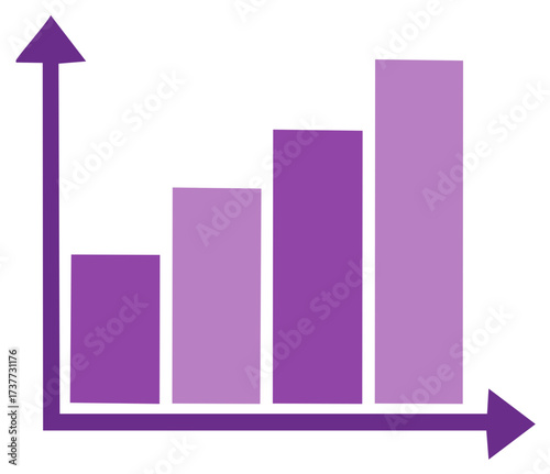 Purple bar graph with upward trending bars and arrow indicating growth