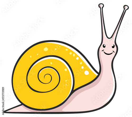 Cartoon snail with a happy face and a yellow shell, animal graphic, wildlife illustration