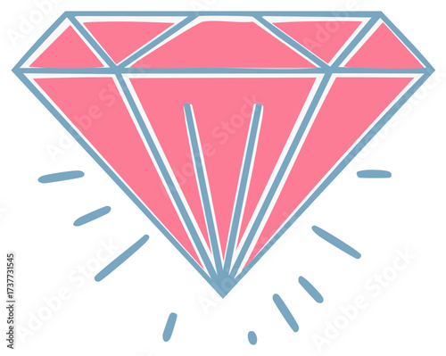 Illustration of a pink diamond with blue outlines and light reflection in vector format.