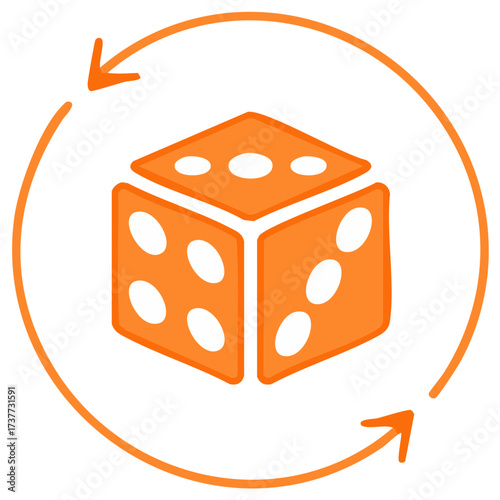 Orange dice with white dots inside a circular arrow depicting chance and randomness