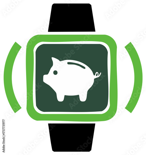 Piggy bank symbol on a smartwatch screen, representing financial savings, wealth management, or investment