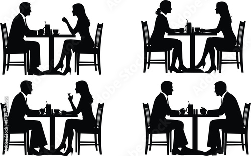 Romantic dinner silhouettes, couples enjoying meals together, intimate dining moments, love and connection at the table, elegant date night scenes.