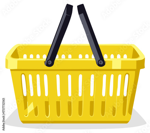 Yellow shopping basket illustration with black handle, isolated on white background.