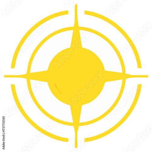 Stylized yellow sun or star icon with radiating rings and compass points