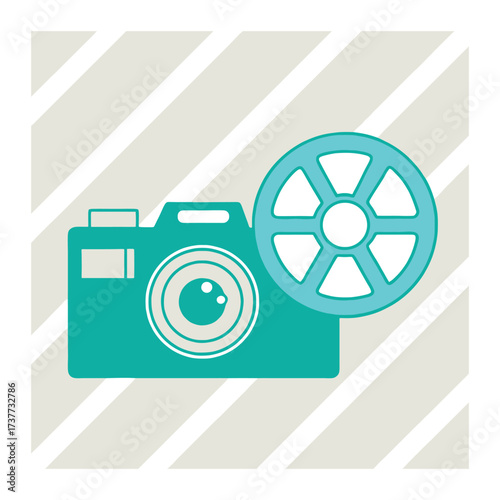 Turquoise camera and film reel icon representing photography and videography services 