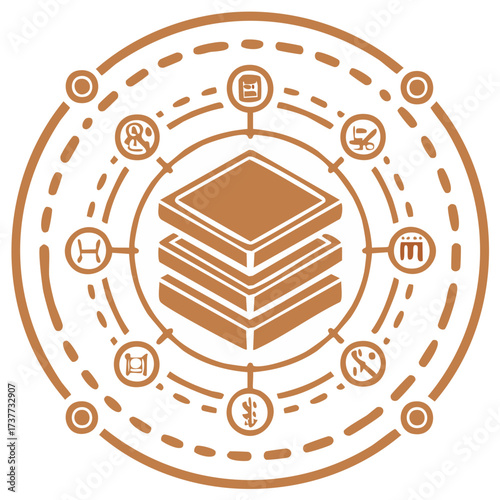 Technology stack icon with a circular network of data, finance, and user symbols