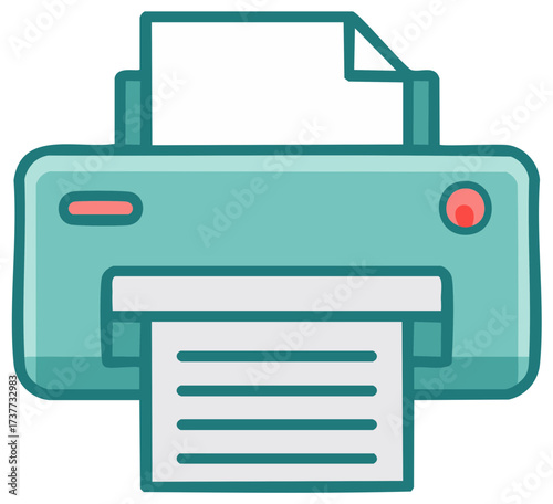 Simple flat icon of a teal printer printing a document with clean lines and bright colors
