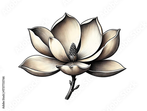 Elegant magnolia flower with detailed petals against a black background